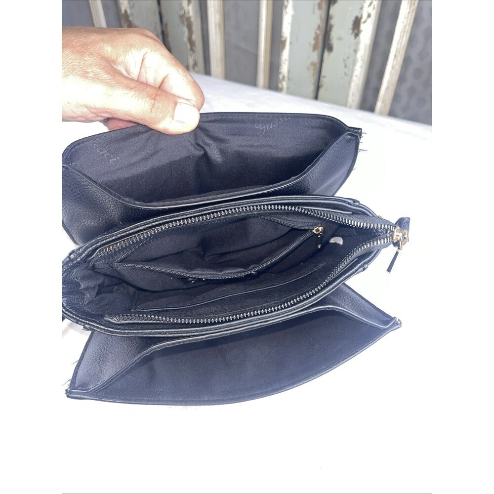 Gussaci Black Crossbody Bag Studded Flap Purse Knot Charm Vegan Leather Medium - Picture 7 of 11